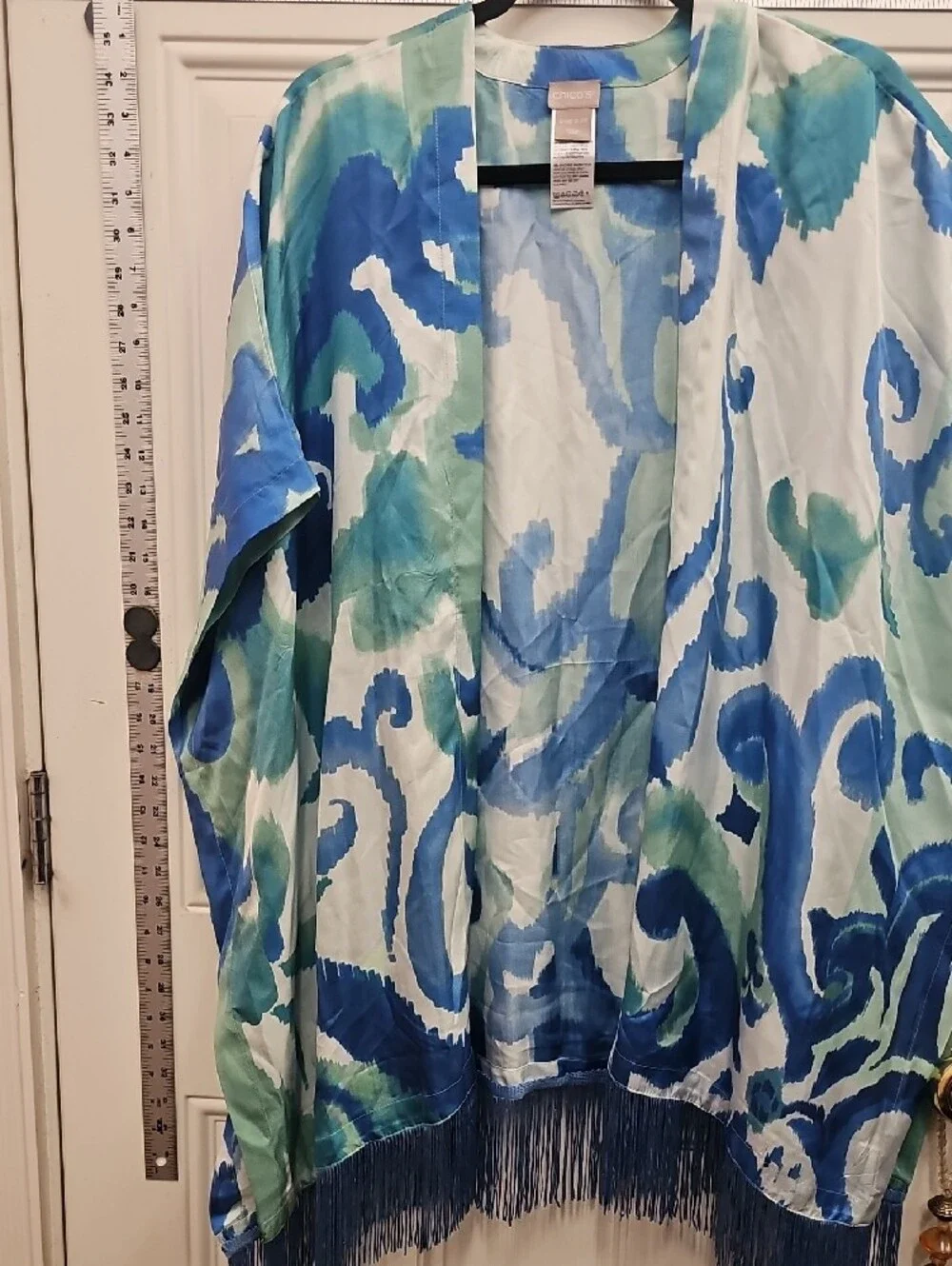 Chicos Teal & Blue Watercolor Fringe Kimono, Cover-Up, Silk, Summer, Wedding,
